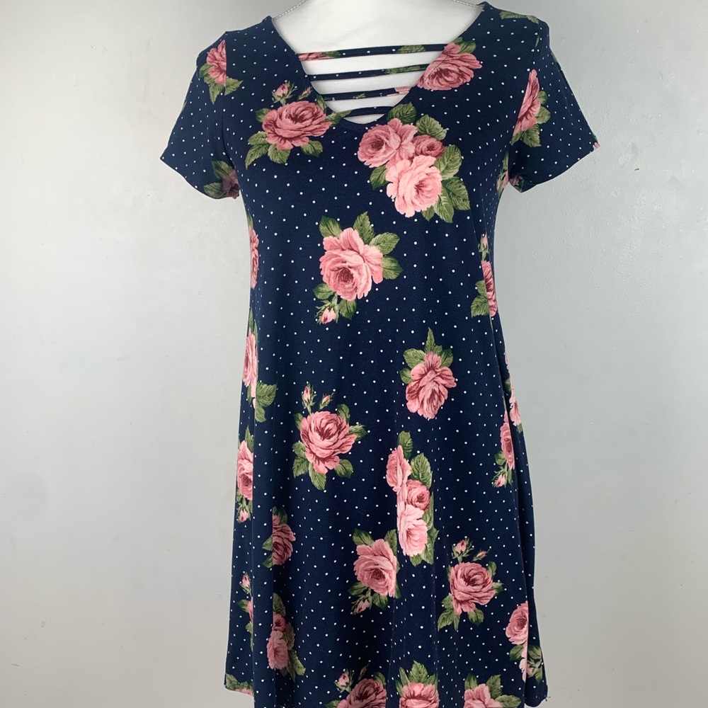 Alya Navy Dress with White Polka Dots Floral Dress Size XS
